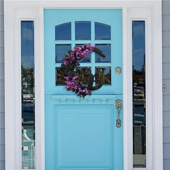 Halloween Wreath for Front Door Halloween Moon Wreath with Mini Black Cat - Picture 6 of 7